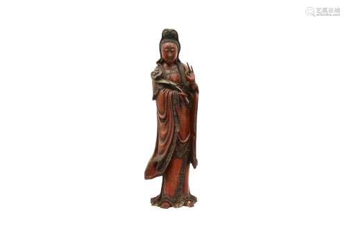 A CHINESE GILT-DECORATED LACQUERED WOOD FIGURE OF GUANYIN. Q...