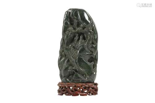 A CHINESE SPINACH-GREEN JADE 'MOUNTAIN' BOULDER. Carved in t...