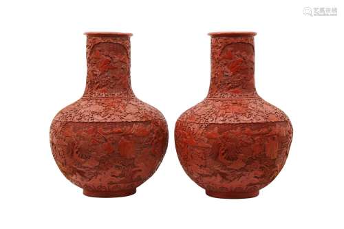 A PAIR OF LARGE CINNABAR LACQUER STYLE VASES