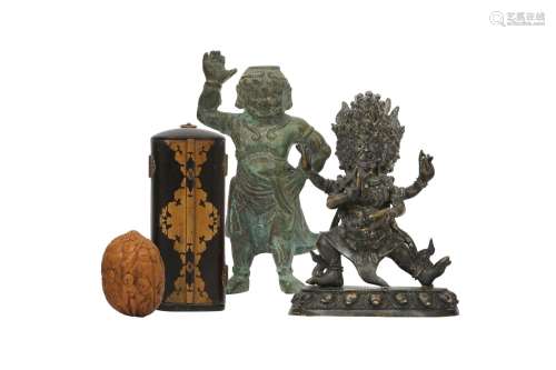 A SMALL COLLECTION OF BUDDHIST ITEMS. Comprising a bronze fi...