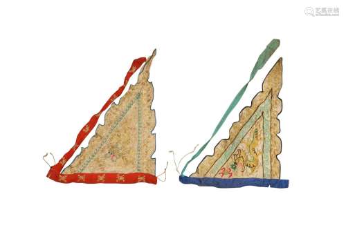 TWO CHINESE EMBROIDERED GOLD-THREAD 'DRAGON' BANNERS. Late Q...