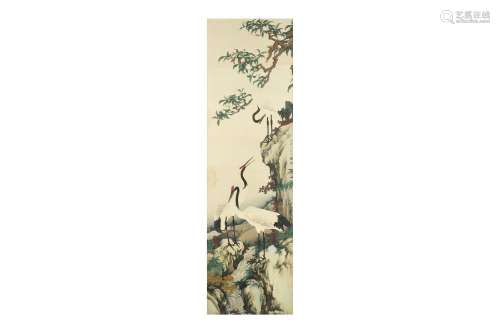 A CHINESE OF TEXTILE DEPICTING CRANES. Woven to depict three...