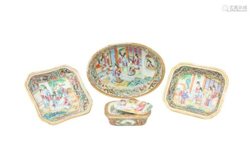 THREE CHINESE CANTON FAMILLE ROSE BOWLS AND A BOX AND COVER....