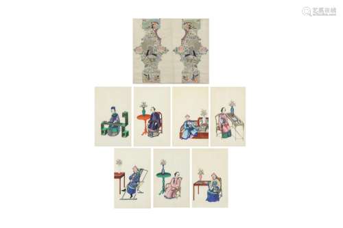SEVEN CHINESE PITH PAPER PAINTINGS AND A PAIR OF EMBROIDERED...