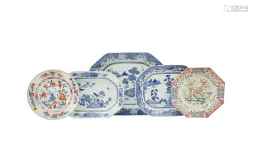 THREE CHINESE BLUE AND WHITE TUREEN STANDS AND TWO DISHES. Q...