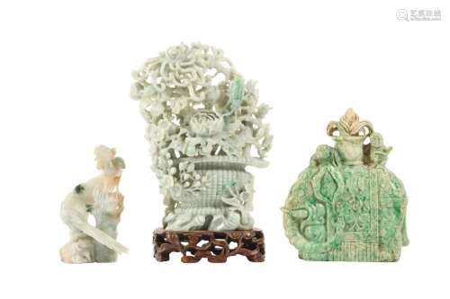 THREE CHINESE JADEITE CARVINGS. The first in the form of a p...