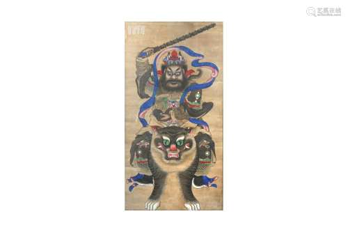 A CHINESE PAINTING OF ZHAO GONGMING RIDING A TIGER. Ink and ...
