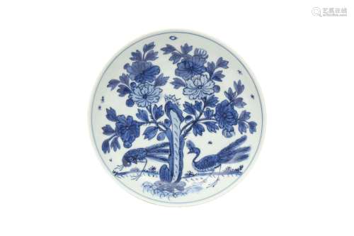 A CHINESE BLUE AND WHITE 'PHEASANTS' DISH. Possibly late Min...