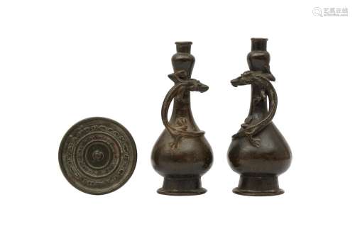 A PAIR OF CHINESE BRONZE VASES AND A BRONZE MIRROR. Ming Dyn...