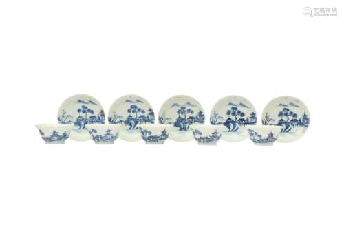 A SET OF FIVE CHINESE BLUE AND WHITE TEA BOWLS AND SAUCERS. ...