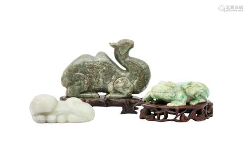 THREE CHINESE JADE AND JADEITE ANIMAL CARVINGS. Including a ...