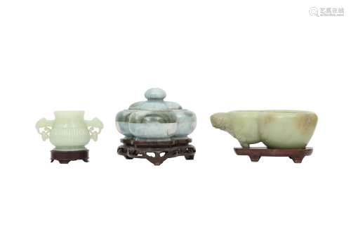 THREE CHINESE JADE AND JADEITE VESSELS. Comprising a yellow ...