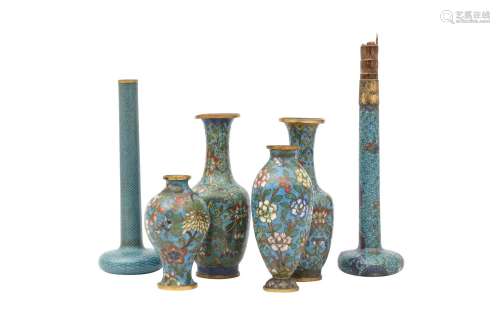 FOUR CHINESE MINIATURE CLOISONNÉ ENAMEL VASES AND TWO CANE H...