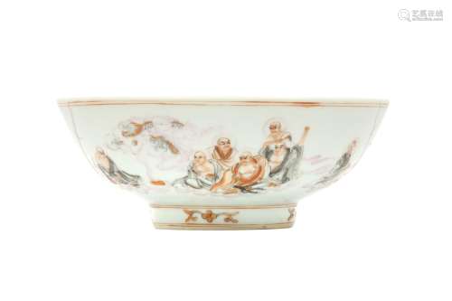 A CHINESE 'EIGHTEEN LOHANS' BOWL. The rounded body on a high...