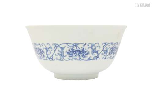 A CHINESE BLUE AND WHITE 'LOTUS SCROLL' BOWL. With gently fl...