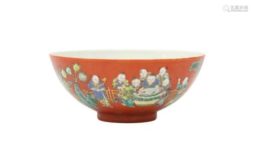 A CHINESE CORAL-GROUND 'BOYS' BOWL. The bowl with wide round...