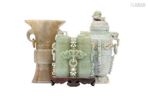 THREE CHINESE JADE AND JADEITE ARCHAISTIC VESSELS. Comprisin...