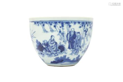 A CHINESE BLUE AND WHITE FIGURATIVE FISH BOWL. Thickly potte...