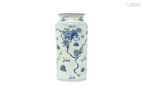 A LARGE CHINESE BLUE AND WHITE 'LION' VASE. Of cylindrical f...