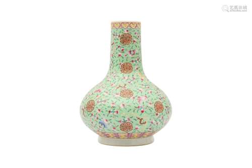 A CHINESE FAMILLE ROSE LIME GREEN-GROUND 'BIRTHDAY' VASE. Wi...