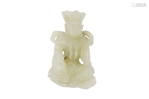 A CHINESE PALE CELADON JADE FIGURE OF A BODHISATTVA. Seated ...
