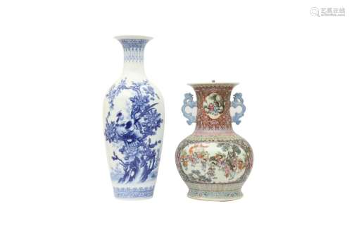 TWO CHINESE VASES. The blue and white vase depicting two bir...