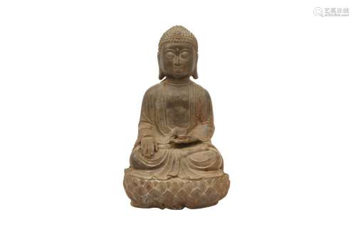 A CHINESE BRONZE FIGURE OF A BUDDHA. Seated in dhyanasana on...