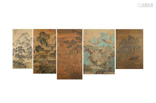 A COLLECTION OF FIVE CHINESE HANGING SCROLLS. Depicting vari...