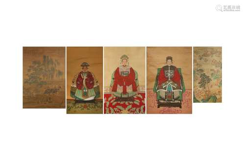 A COLLECTION OF FIVE CHINESE HANGING SCROLLS. Comprising two...