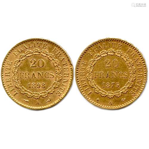 DEUX PIÈCES DE 20 FRANC EN ORIIIe République (type génie) 18...