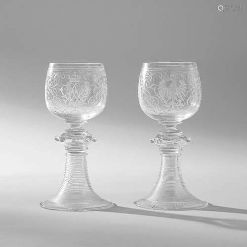 ALLEMAGNE OU BOHÊME, RARE, DEUX VERRES À JAMBE, "POKAL&...