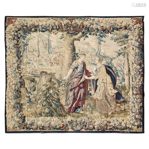 TAPISSERIE, LAINE ET SOIE, AVEC REHAUTS DE FILS D'ARGENT, BR...