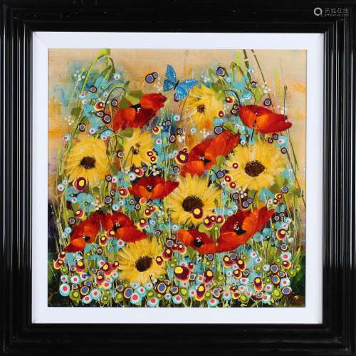 Rozanne Bell - Butterfly above Poppies and Yellow Daisies