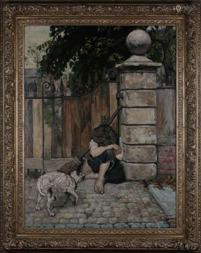 Joseph Finnemore - Child and Dog seated at a Garden Gate