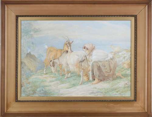 Basil Bradley - Woman milking a Goat in a Landscape