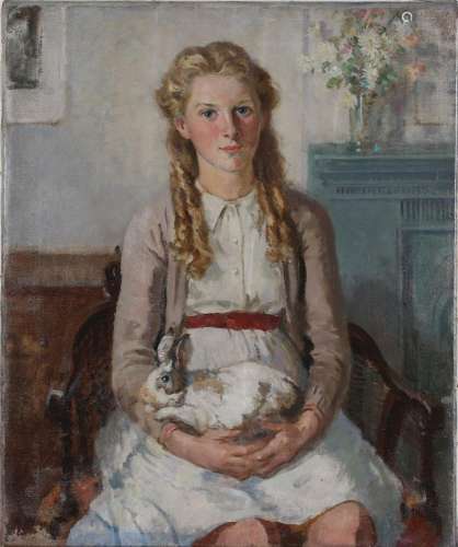 Francis Edwin Hodge - Portrait of a Girl holding a Pet Rabbi...