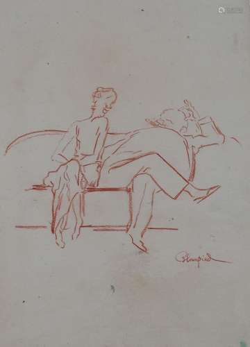 Edmund Blampied - Cartoon with Two Figures on a Bench