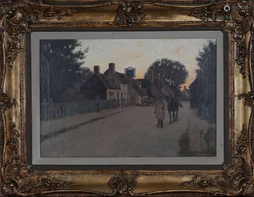 British School - Village Scene at Sunset with Man leading a ...