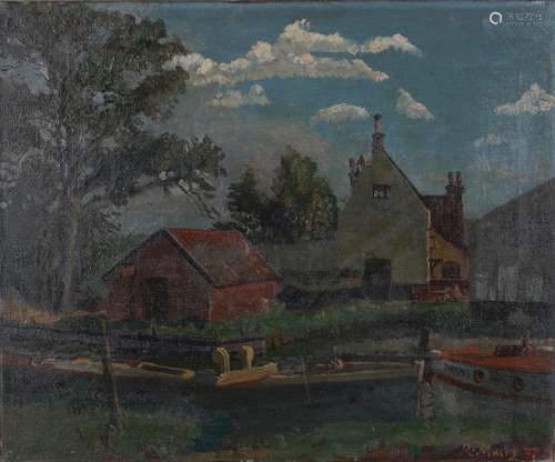 Richard Murry - Canal Scene with Barges and Buildings