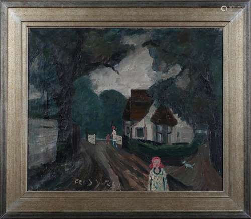 Fred Yates - Village Scene with Figures and Dog