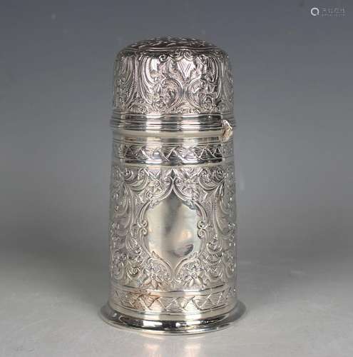 A Victorian silver cylindrical sugar caster with pierced dom...