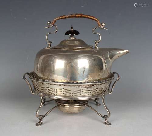 A George V silver spirit kettle-on-stand with heater base