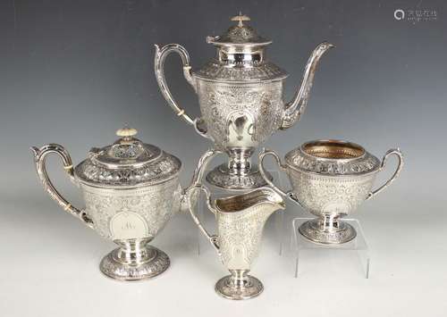 A Victorian plated four-piece tea set of shouldered ovoid fo...