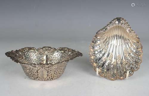 A late Victorian silver scallop shell shaped dish with pierc...