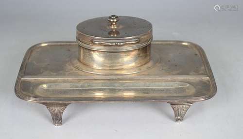 A late Victorian silver rectangular inkstand with oval hinge...