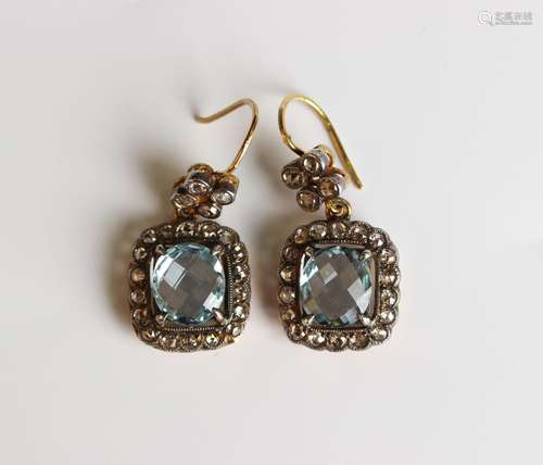 A pair of aquamarine and diamond pendant earrings