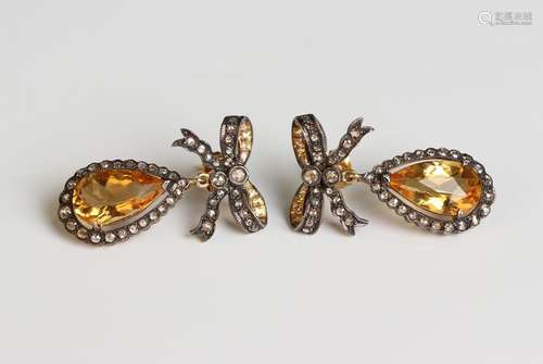 A pair of citrine and diamond pendant earrings