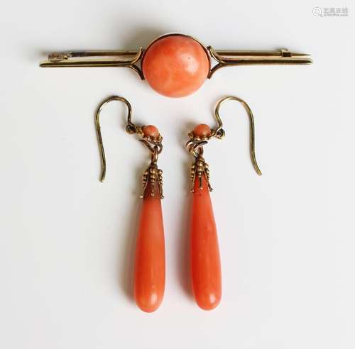 A pair of Victorian gold mounted coral pendant earrings