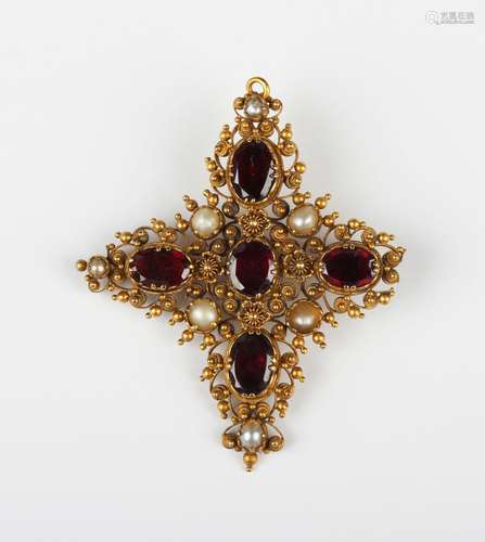 An early Victorian gold foil backed garnet and half-pearl se...