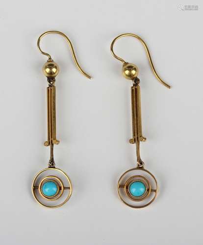 A pair of Edwardian gold and turquoise pendant earrings